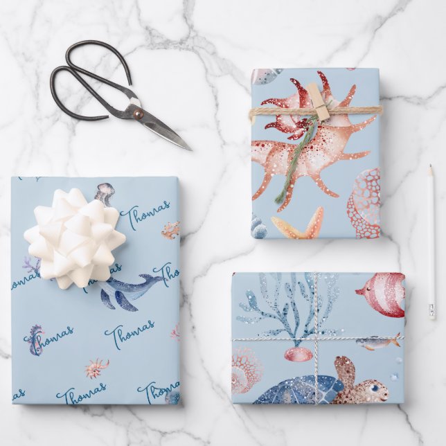 Watercolor Under the Sea kids birthday Wrapping Paper Sheet (Front)