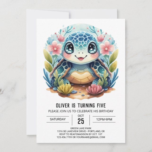 Watercolor Under the Sea Kids Turtle Boy Birthday Invitation (Front)