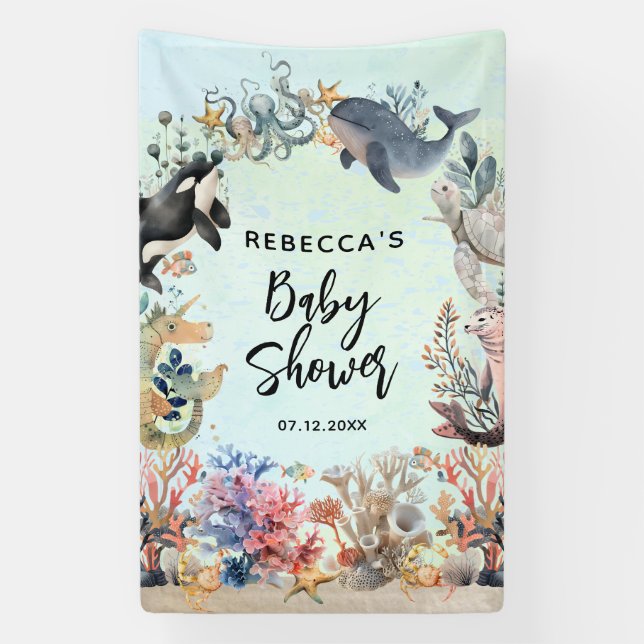 Watercolor under the sea neutral Baby Shower Banner (Vertical)