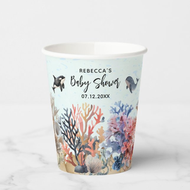 Watercolor under the sea neutral Baby Shower Paper Cups (Left)