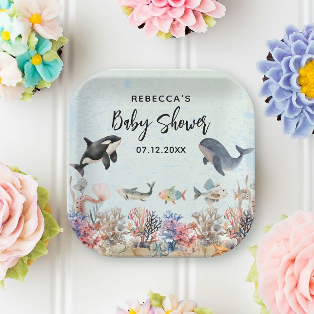 Watercolor under the sea neutral Baby Shower Paper Plate (Creator Uploaded)