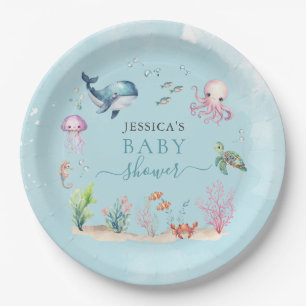 Watercolor Under The Sea Ocean Animals Baby Shower Paper Plate