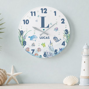 Watercolor under the sea ocean animals Monogram Large Clock