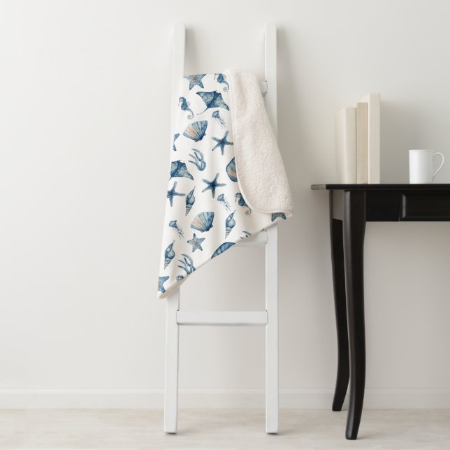 Watercolor Under The Sea Pattern Sherpa Blanket (In Situ)