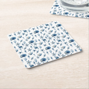 Watercolor Under The Sea Pattern Square Paper Coaster