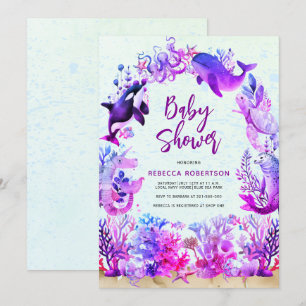 Watercolor under the sea purple girl Baby Shower Invitation