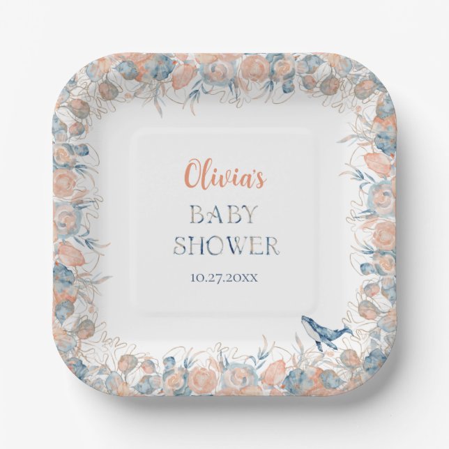 Watercolor Under the Sea Whale Baby Shower  Paper Plate (Front)