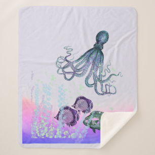 Watercolor Undersea Octopus Fish Sea Ocean Life Sherpa Blanket