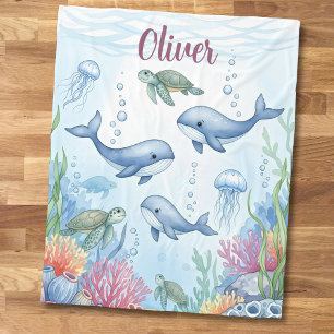 Watercolor Undersea WorldWhale, Turtle & Coral Fleece Blanket