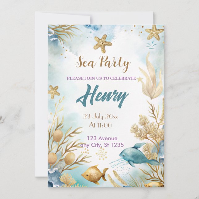 watercolor underwater gold birthday party  invitation (Front)