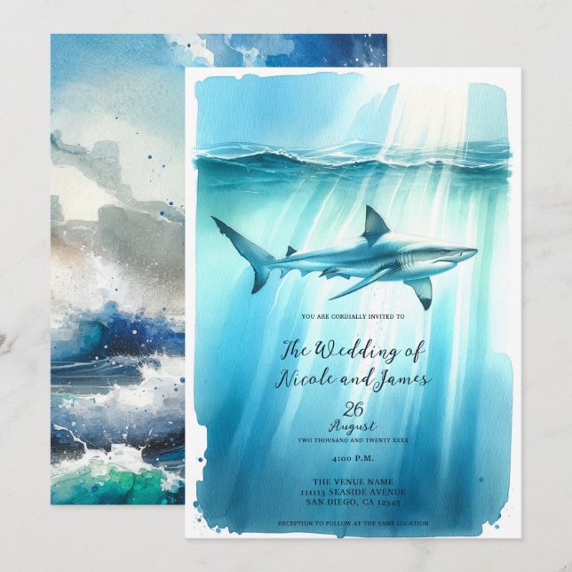 Watercolor Underwater Ocean Shark Aquarium Wedding Invitation (Front/Back)