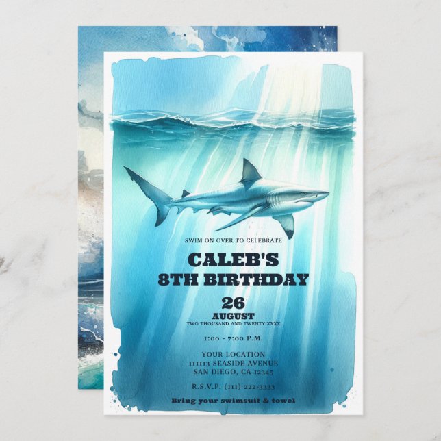 Watercolor Underwater Ocean Shark Birthday Party  Invitation (Front/Back)