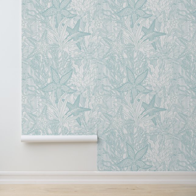 Watercolor Underwater Plants Starfish Aqua Coastal Wallpaper (Application)