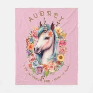 Watercolor Unicorn and Floral Wreath Fleece Blanket