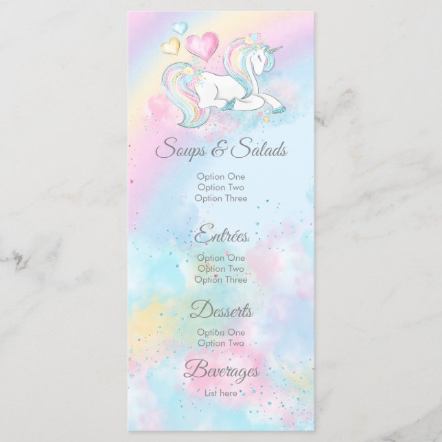 Watercolor Unicorn Baby Shower Menus (Front)