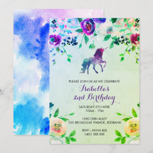 Watercolor unicorn birthday girl invitation