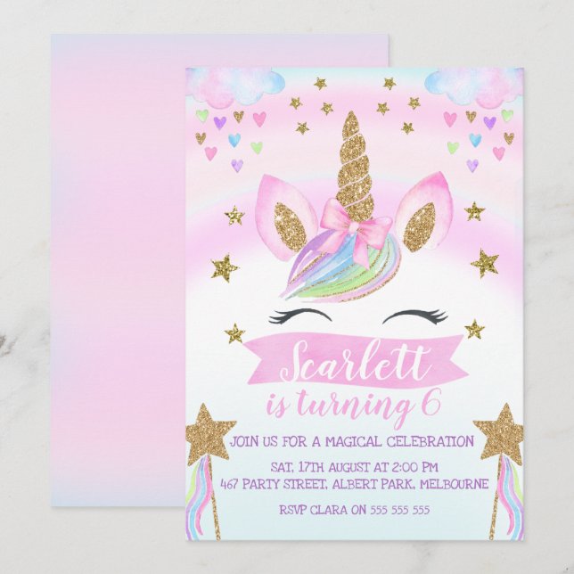 Watercolor Unicorn Birthday Party Invitation (Front/Back)