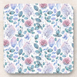 Watercolor Unicorn Crystals & Roses Pattern Coaster
