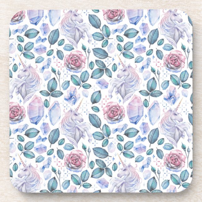 Watercolor Unicorn Crystals & Roses Pattern Coaster (Front)