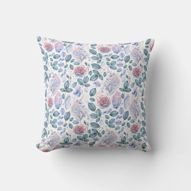 Watercolor Unicorn Crystals & Roses Pattern Cushion (Front)