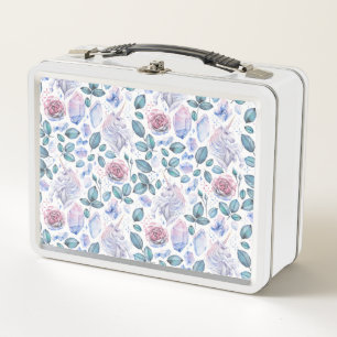 Watercolor Unicorn Crystals & Roses Pattern Metal Lunch Box