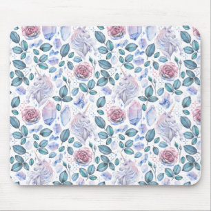 Watercolor Unicorn Crystals & Roses Pattern Mouse Mat