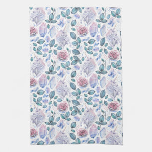 Watercolor Unicorn Crystals & Roses Pattern Tea Towel