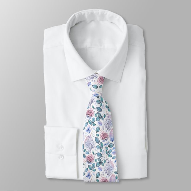 Watercolor Unicorn Crystals & Roses Pattern Tie (Tied)