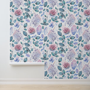 Watercolor Unicorn Crystals & Roses Pattern Wallpaper