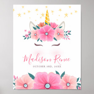 Watercolor Unicorn Face Floral Stars Baby Poster