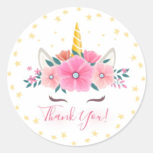 Watercolor Unicorn Face Floral Stars Thank You Classic Round Sticker