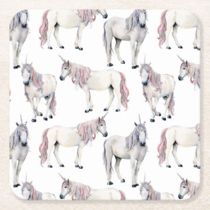 Watercolor Unicorn Fairy Tale Pattern Square Paper Coaster