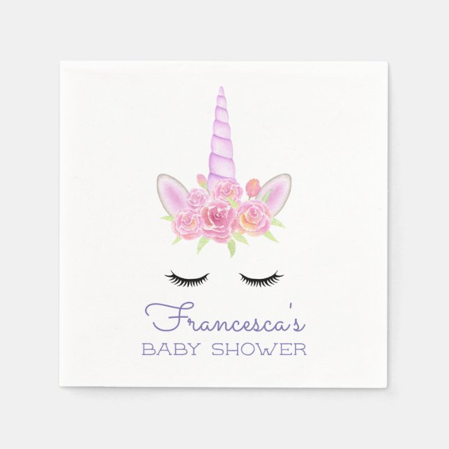 Watercolor Unicorn Flowers Baby Shower Napkin (Front)