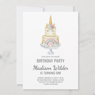 Watercolor Unicorn Girl First Birthday  Invitation