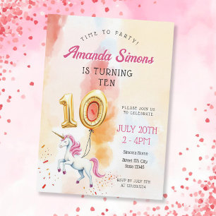 Watercolor Unicorn Gold Balloon Girl 10th Birthday Invitation