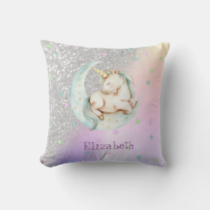 Watercolor Unicorn Moon Stars,Silver Glitter Bokeh Cushion