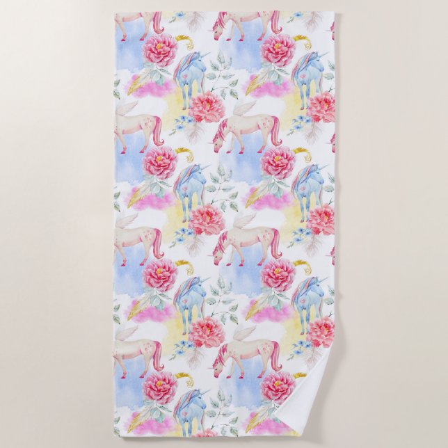 Watercolor Unicorn & Pegasus Pattern Beach Towel (Front)