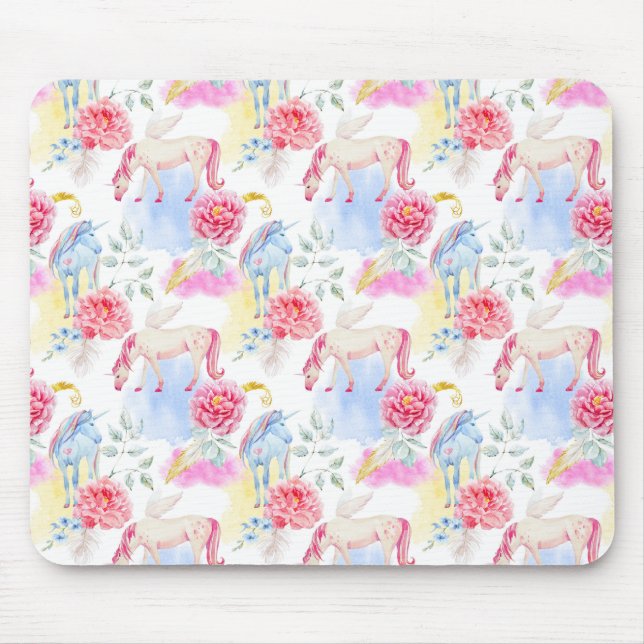 Watercolor Unicorn & Pegasus Pattern Mouse Mat (Front)