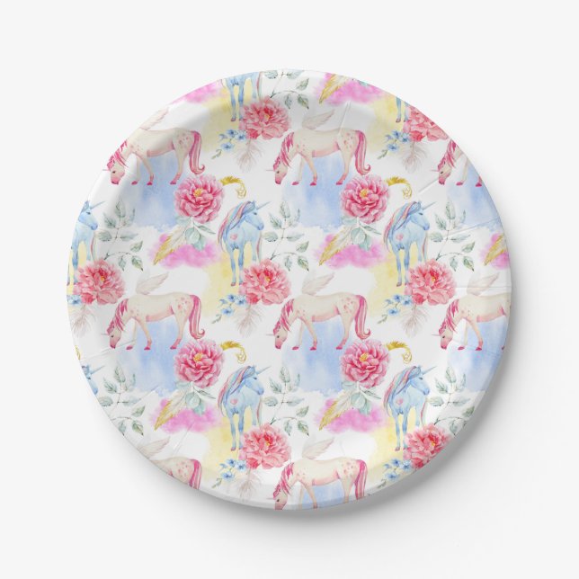 Watercolor Unicorn & Pegasus Pattern Paper Plate (Front)