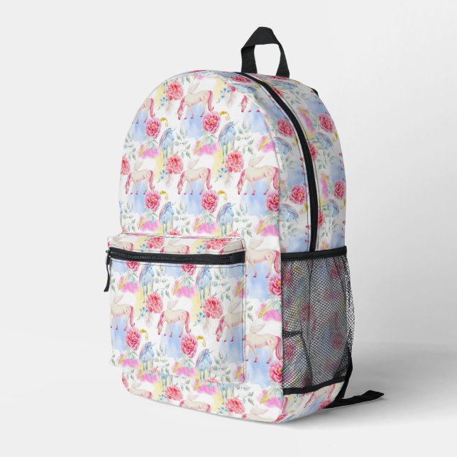 Watercolor Unicorn & Pegasus Pattern Printed Backpack (Back Corner Right)