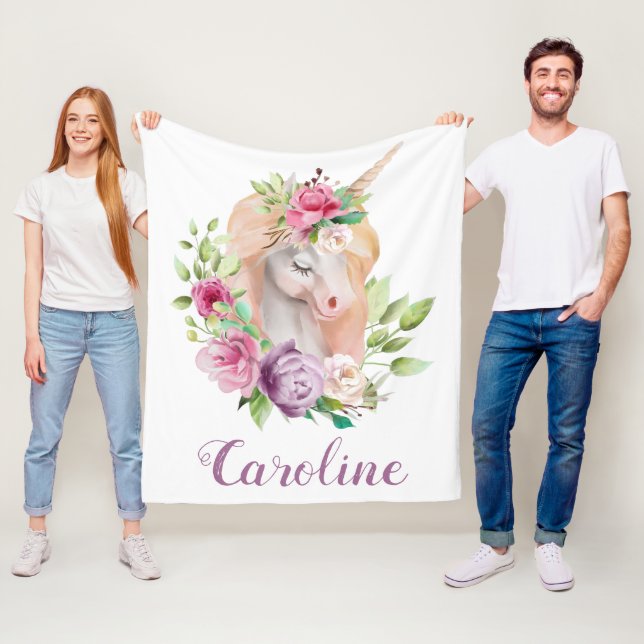 Watercolor Unicorn Personalised Name Fleece Blanket (In Situ)