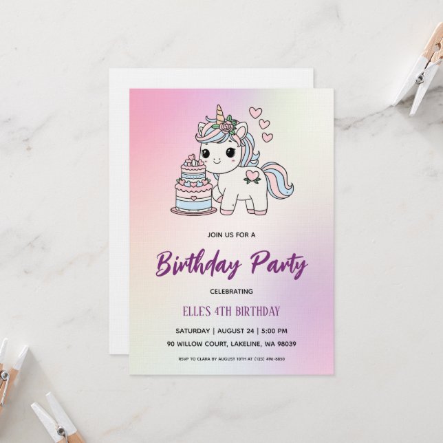watercolor unicorn rainbow birthday invitation (Front/Back In Situ)