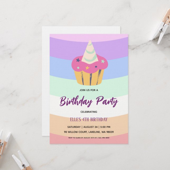 watercolor unicorn rainbow birthday invitation (Front/Back In Situ)