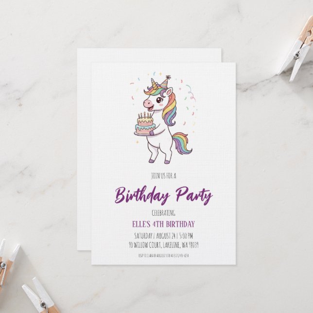watercolor unicorn rainbow birthday invitation (Front/Back In Situ)