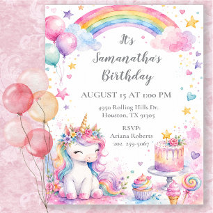 Watercolor Unicorn Rainbow Birthday Party Invitation