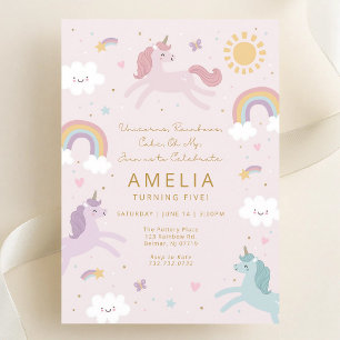 Watercolor Unicorn Rainbow Girl Birthday Invitation