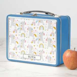 Watercolor Unicorn, Rainbow & Hearts Metal Lunch Box