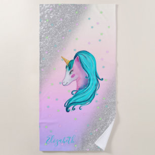 Watercolor Unicorn, Stars,Silver Glitter Bokeh Beach Towel