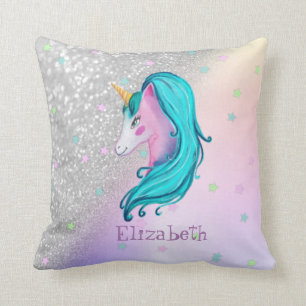 Watercolor Unicorn,Stars, Silver Glitter Bokeh Cushion