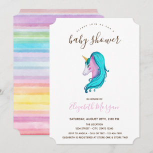 Watercolor Unicorn  Striped Baby Shower Invitation